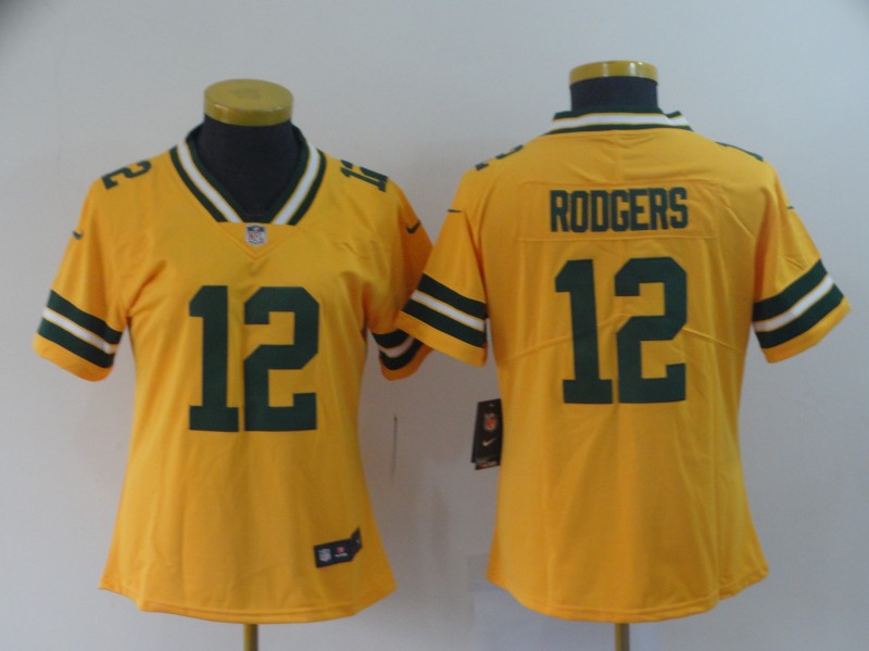 Women Green Bay Packers 12 Rodgers yellow Nike Vapor Untouchable Limited NFL Jerse